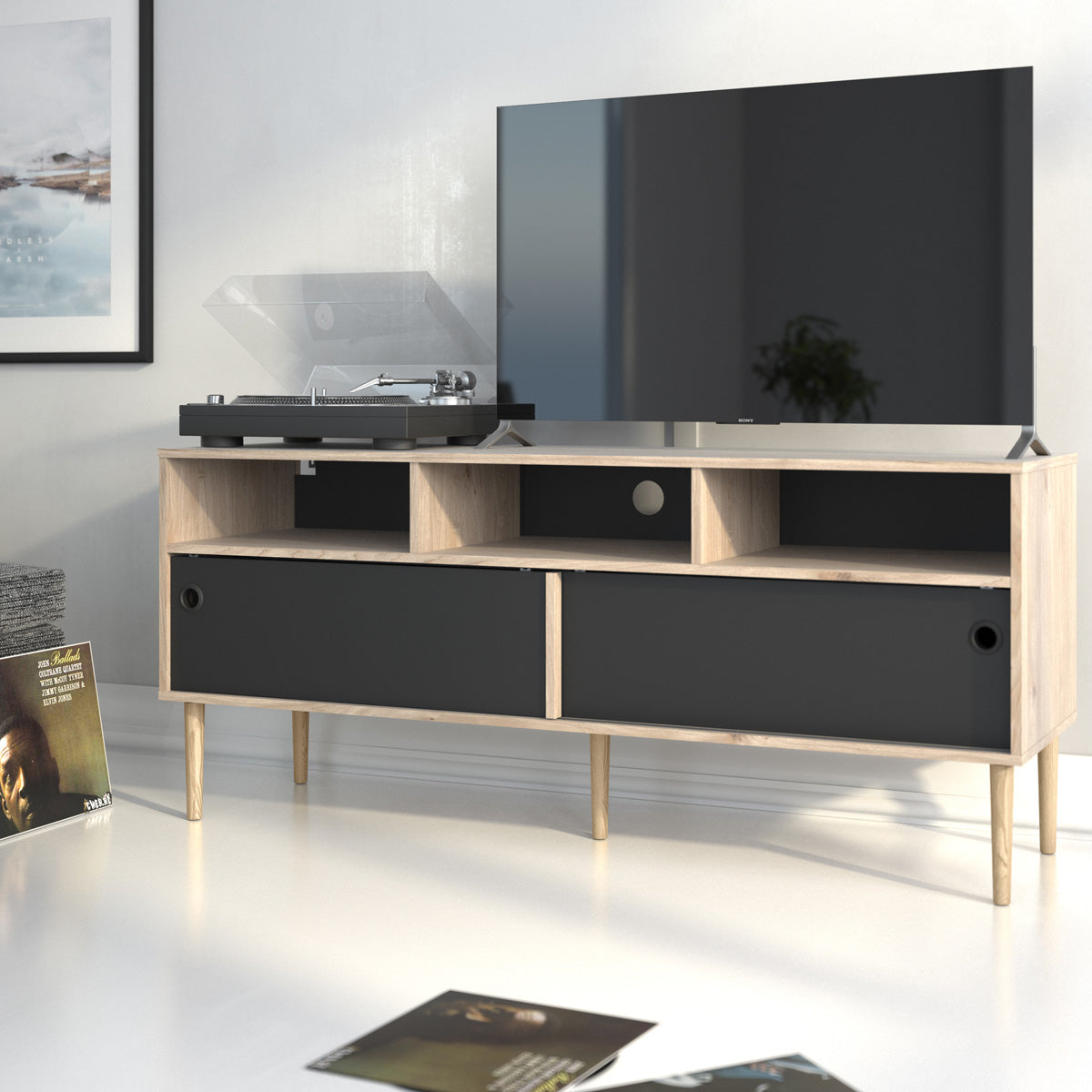Wooden TV Stand With 2 Sliding Doors in Jackson Hickory Oak - Rome