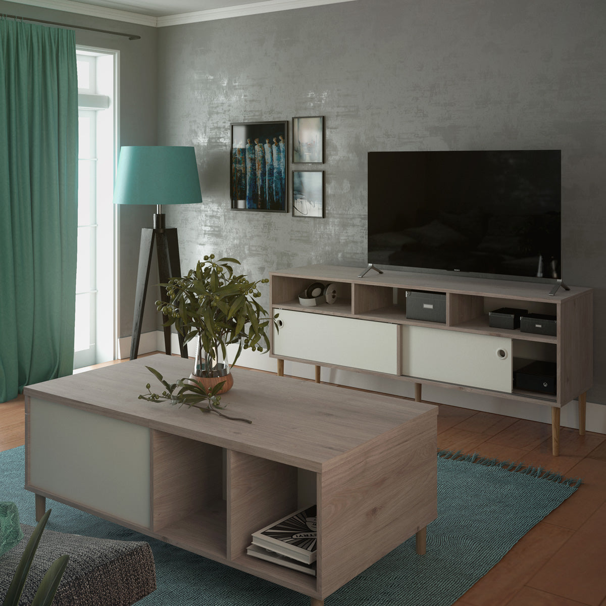 Wooden TV Stand With 2 Sliding Doors in Jackson Hickory Oak - Rome