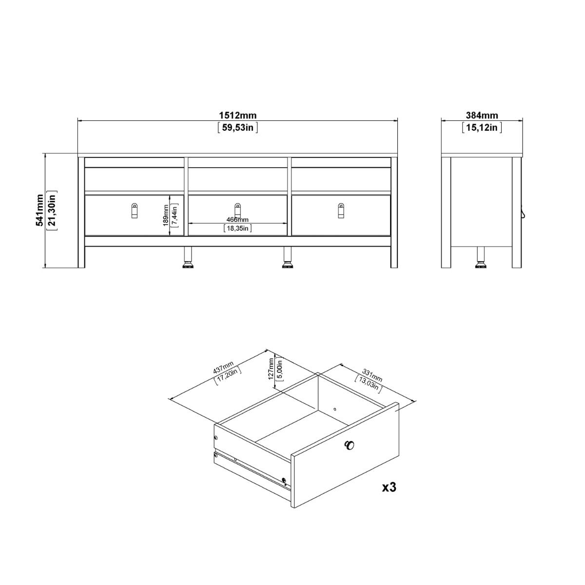 Wooden TV Stand With 3 Drawers - Madrid