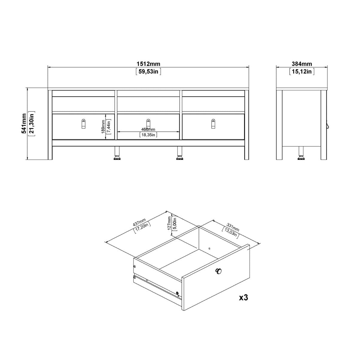 Wooden TV Stand With 3 Drawers - Madrid
