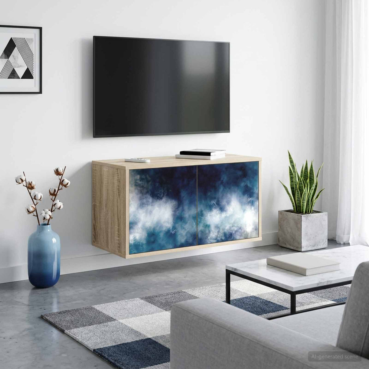 Wooden TV Stand 69cm Wide Wall Hung With 2 Doors - Raalte