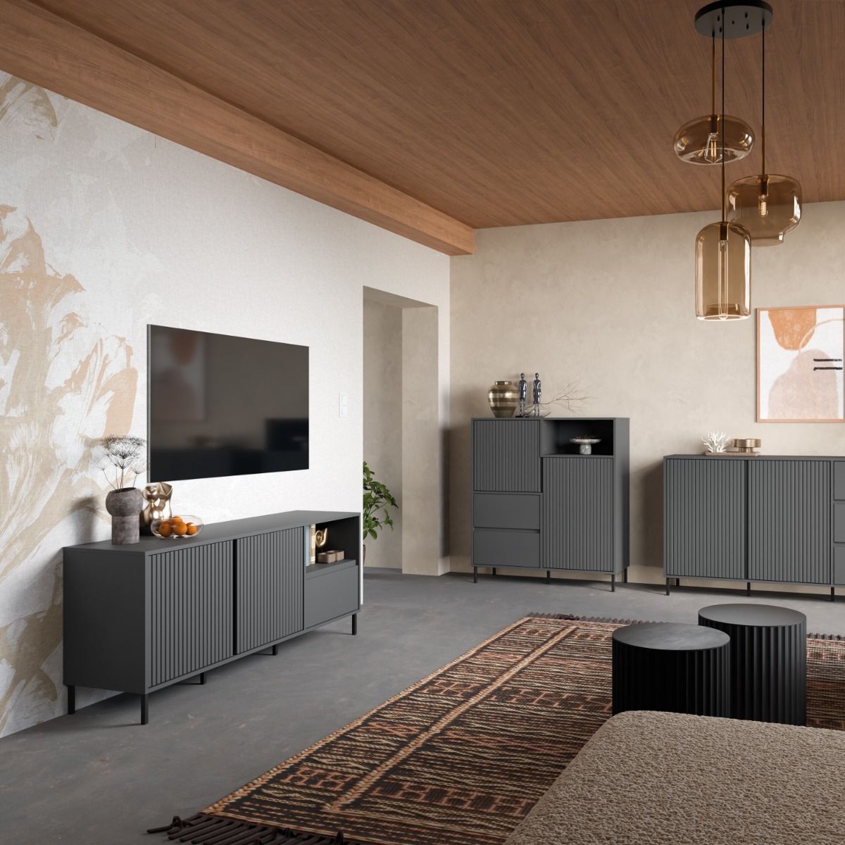 Wooden TV Stand Wide With 2 Doors And 1 Drawer - Avenale