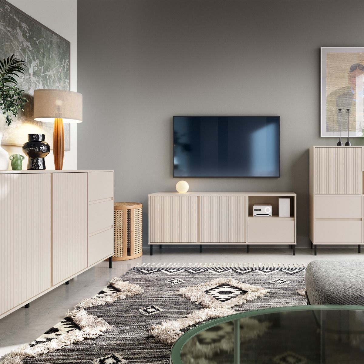 Wooden TV Stand Wide With 2 Doors And 1 Drawer - Avenale