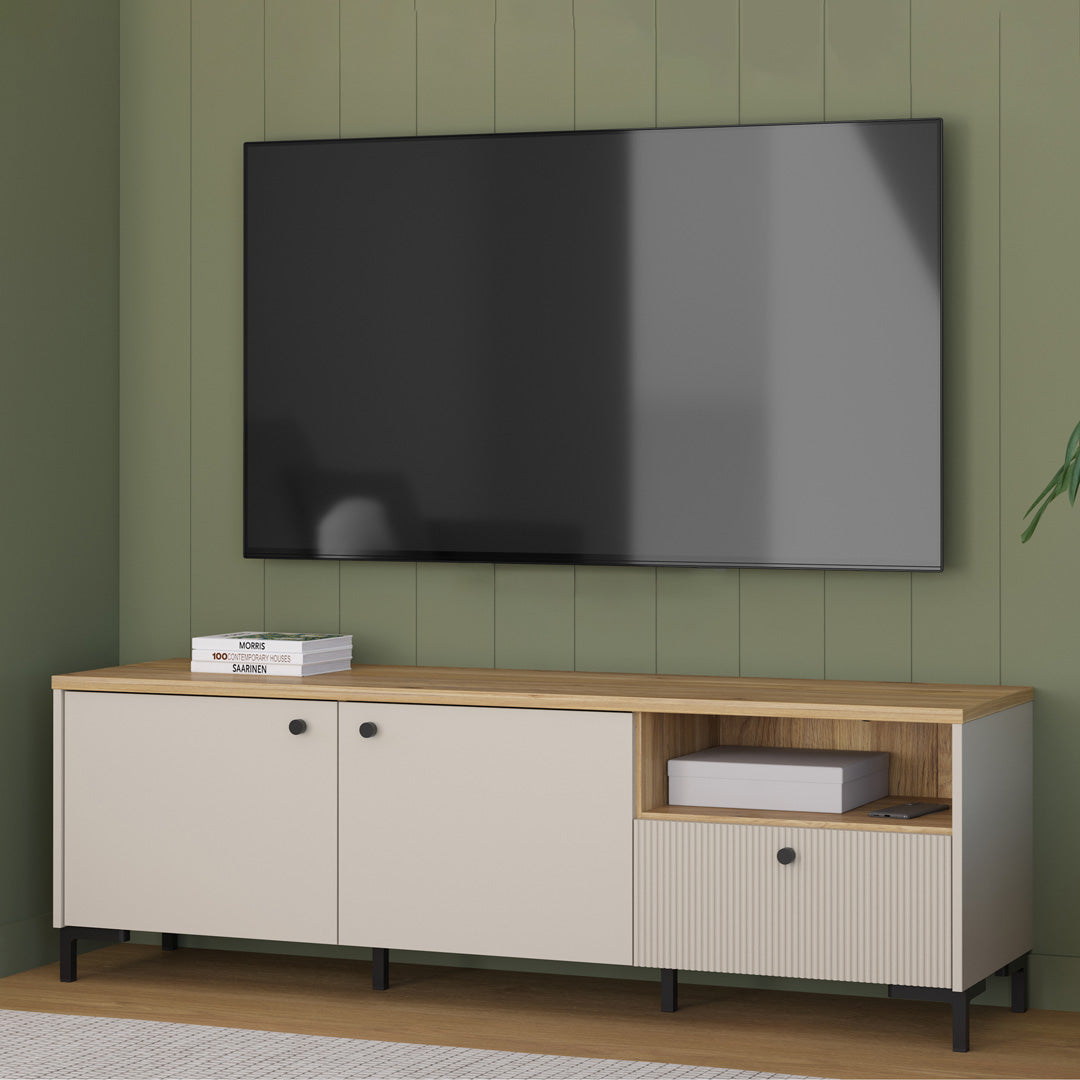 Wooden TV Stand 152.8cm Wide With 2 Doors And 1 Fluted Drawer - Bixbite