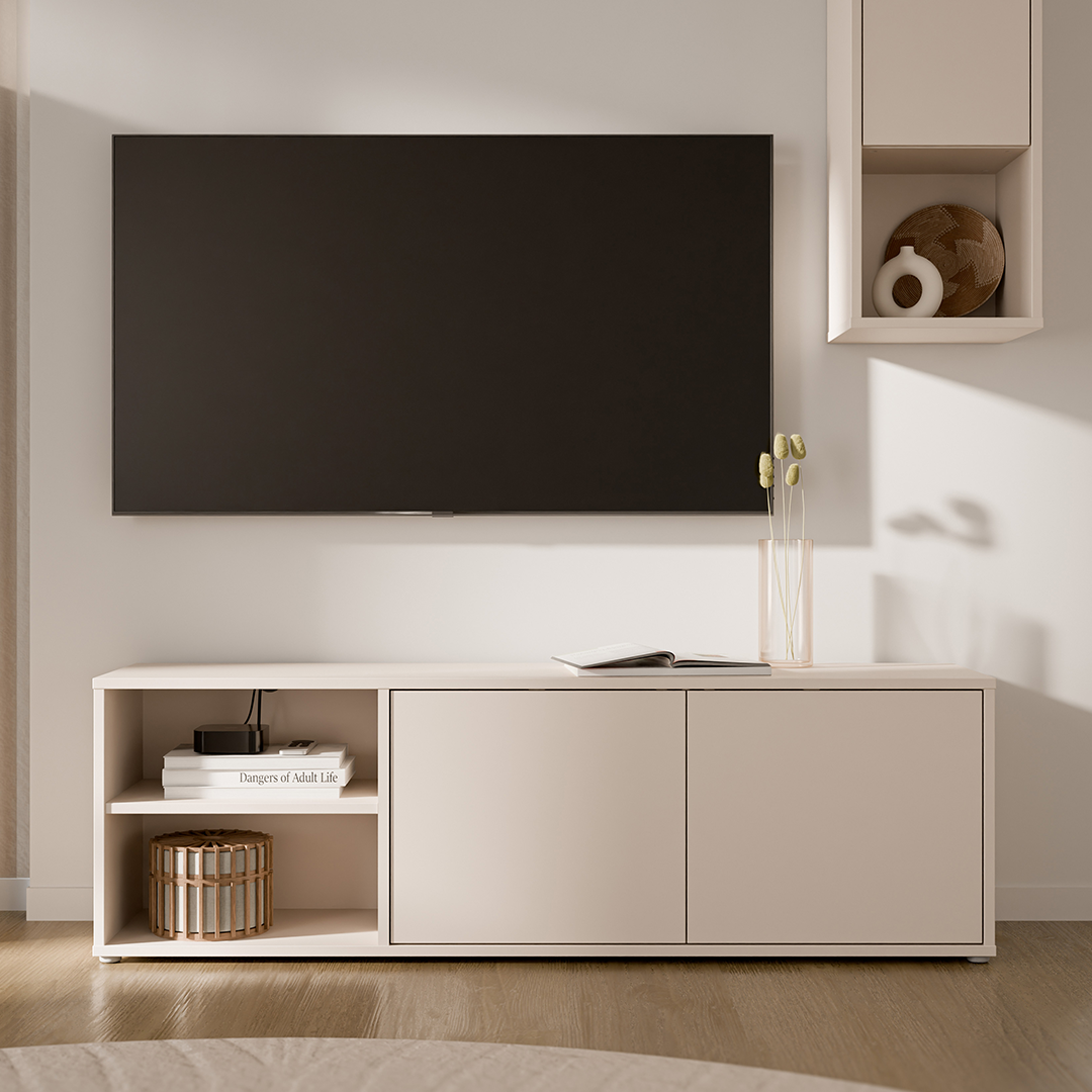 Wooden TV Stand Wide With 2 Push-to-Open Doors And 1 Open Shelf - Alice Springs