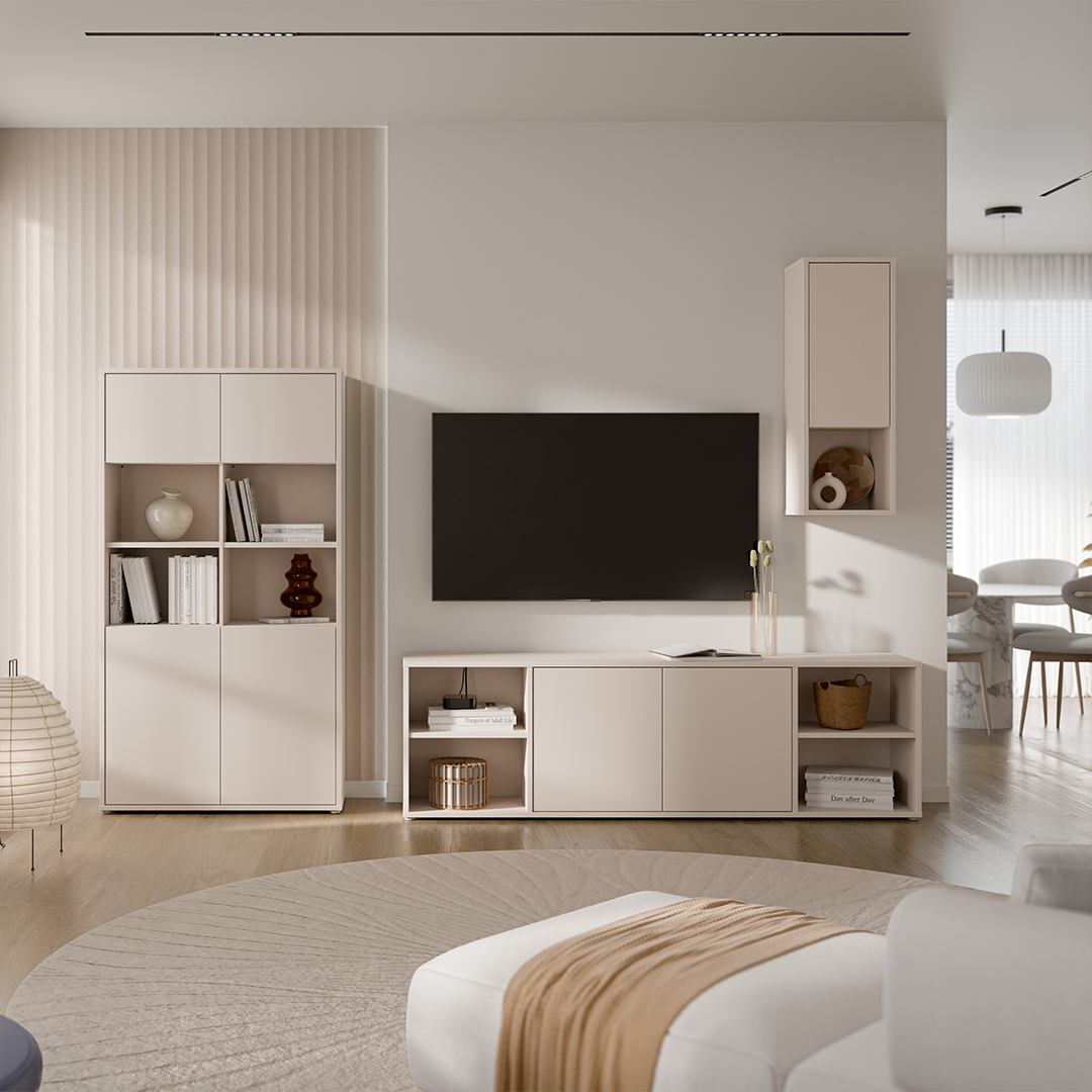 Wooden TV Stand Wide With 2 Push-to-Open Doors And 2 Open Shelves - Alice Springs