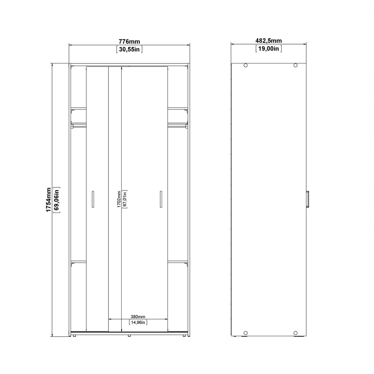Wooden Wardrobe 175cm High With 2 Sliding Doors - Space