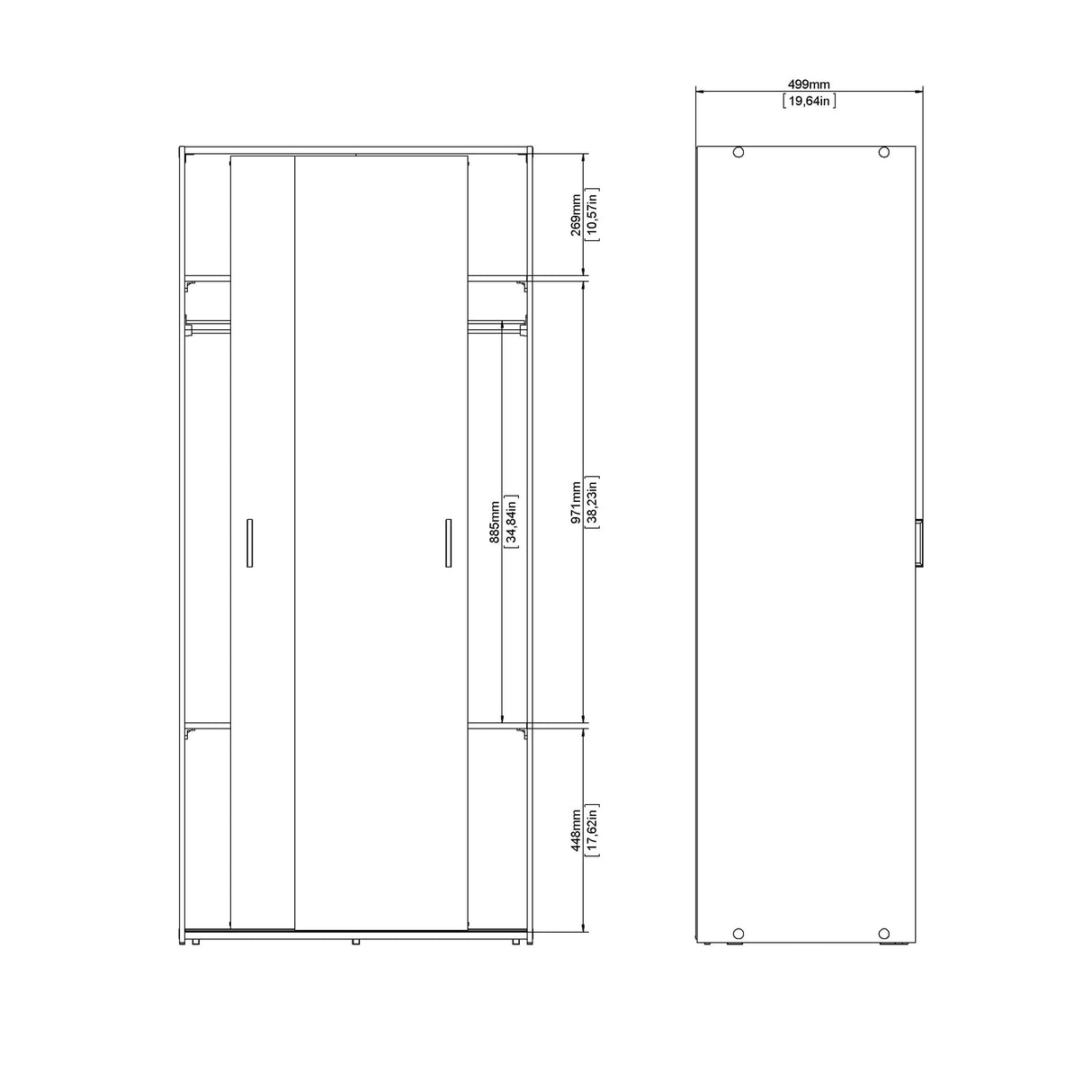 Wooden Wardrobe 175cm High With 2 Sliding Doors - Space