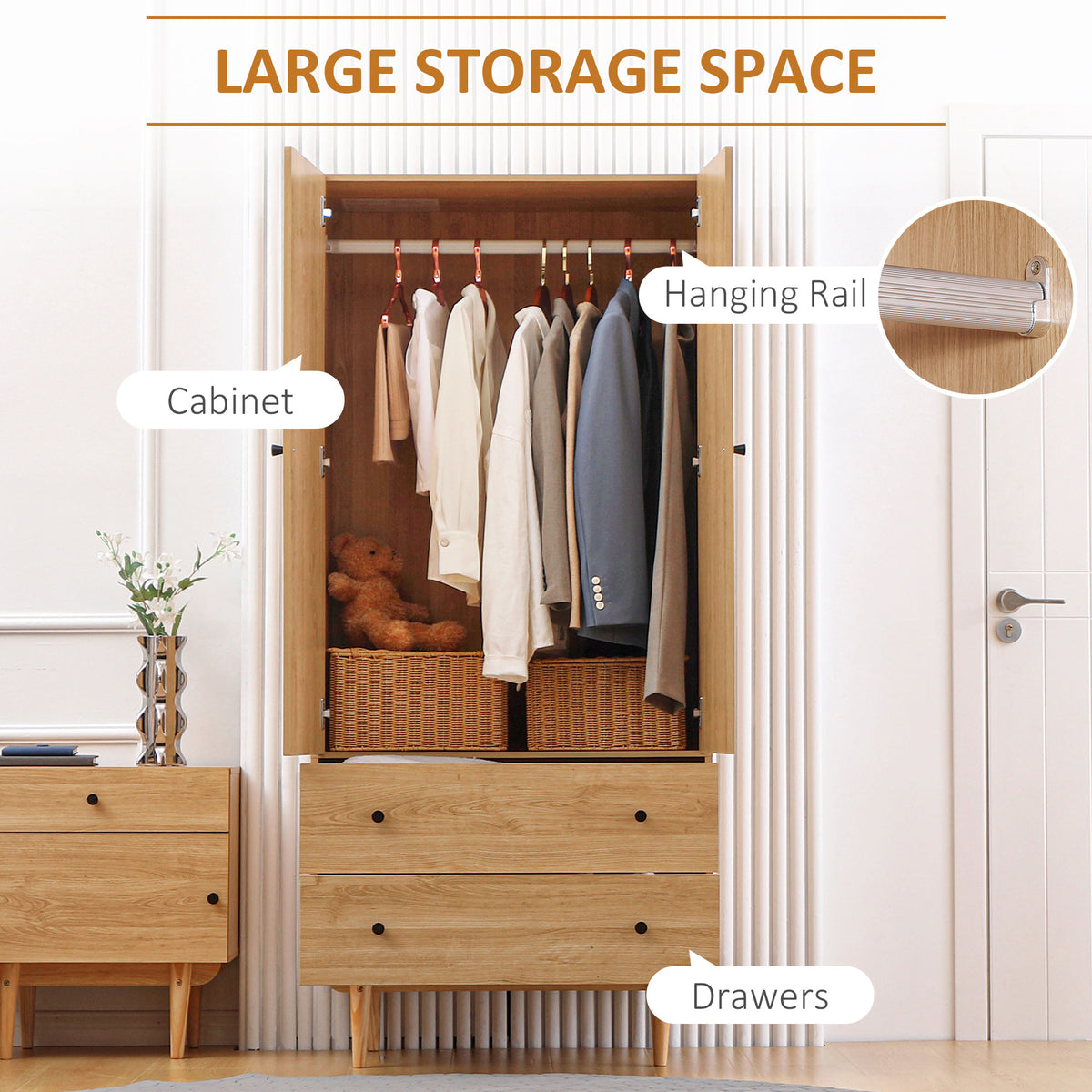 Wooden Wardrobe 180cm H x 80cm W With 2 Doors And 2 Drawers - Velmora