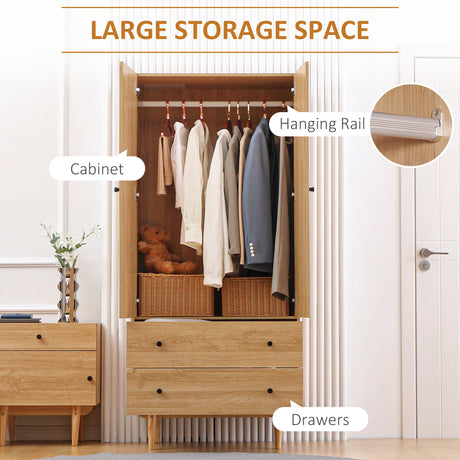 Wooden Wardrobe 180cm H x 80cm W With 2 Doors And 2 Drawers - Velmora
