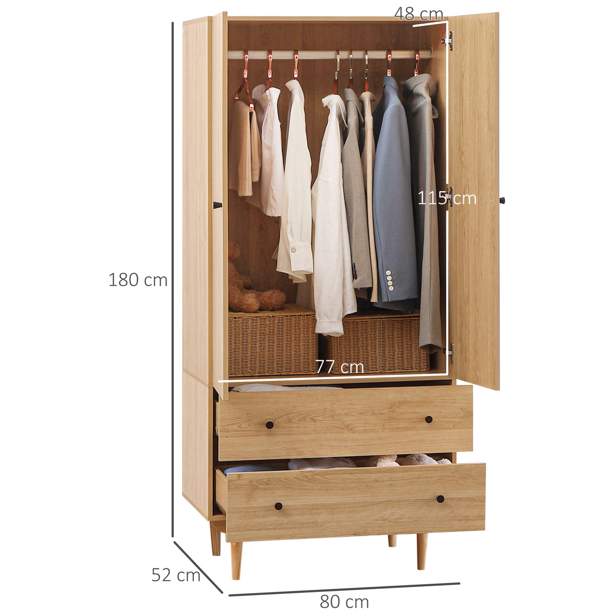 Wooden Wardrobe 180cm H x 80cm W With 2 Doors And 2 Drawers - Velmora