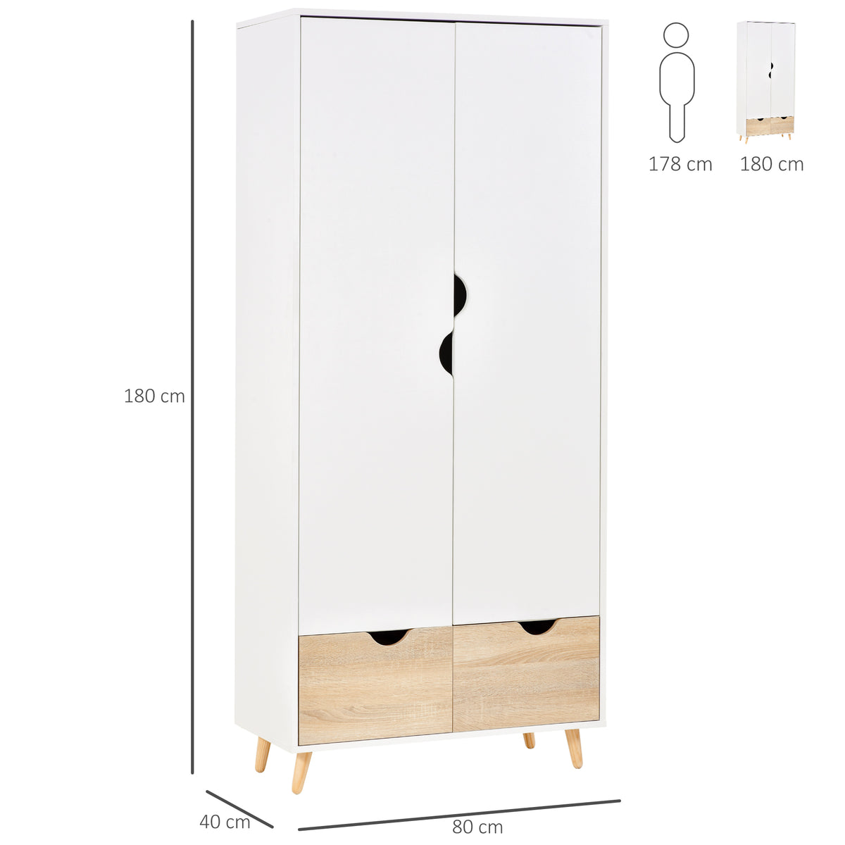 Wooden Wardrobe 180cm H x 80cm W x 40cm D With 2 Doors And 2 Drawers - Velmora