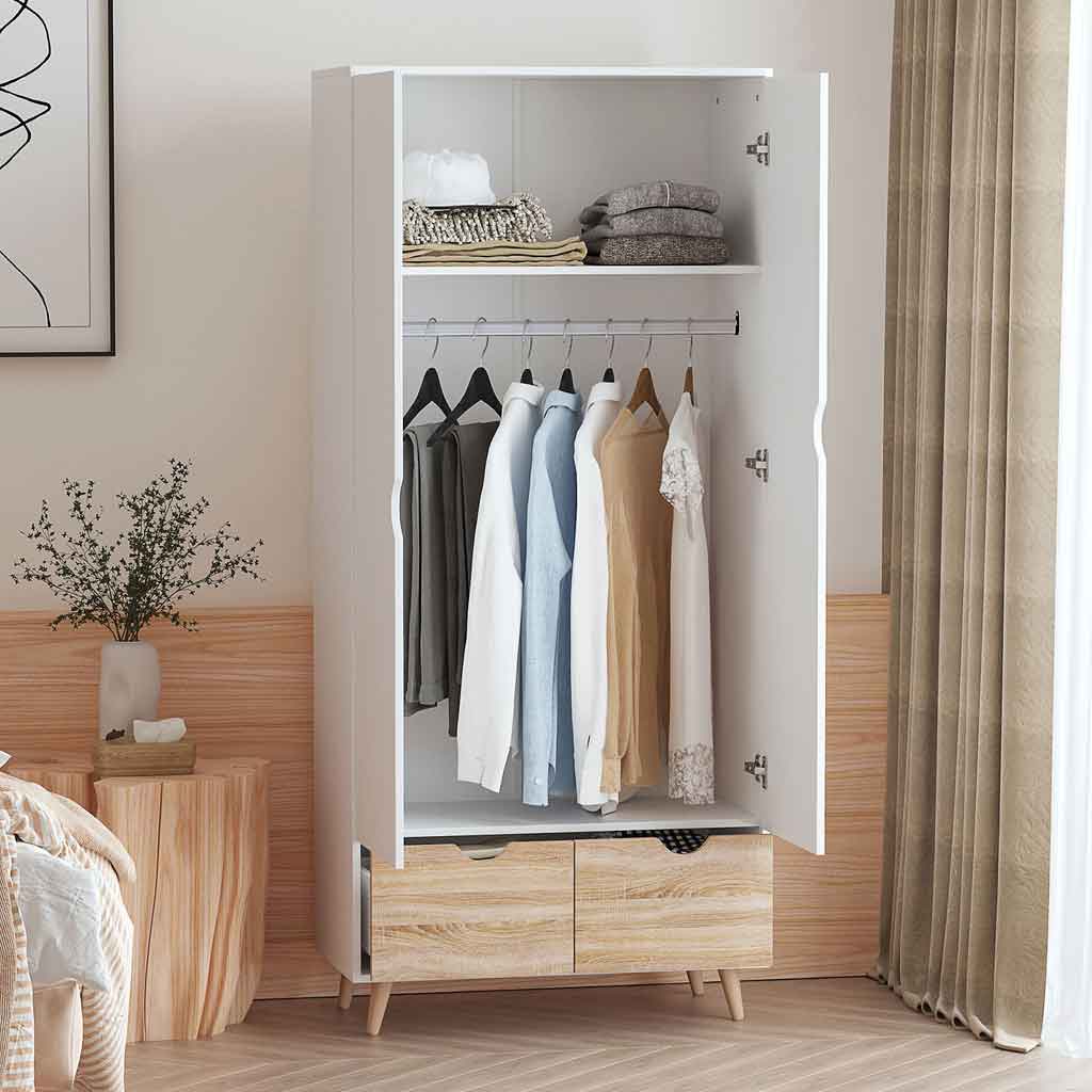 Wooden Wardrobe 180cm H x 80cm W x 40cm D With 2 Doors And 2 Drawers - Velmora