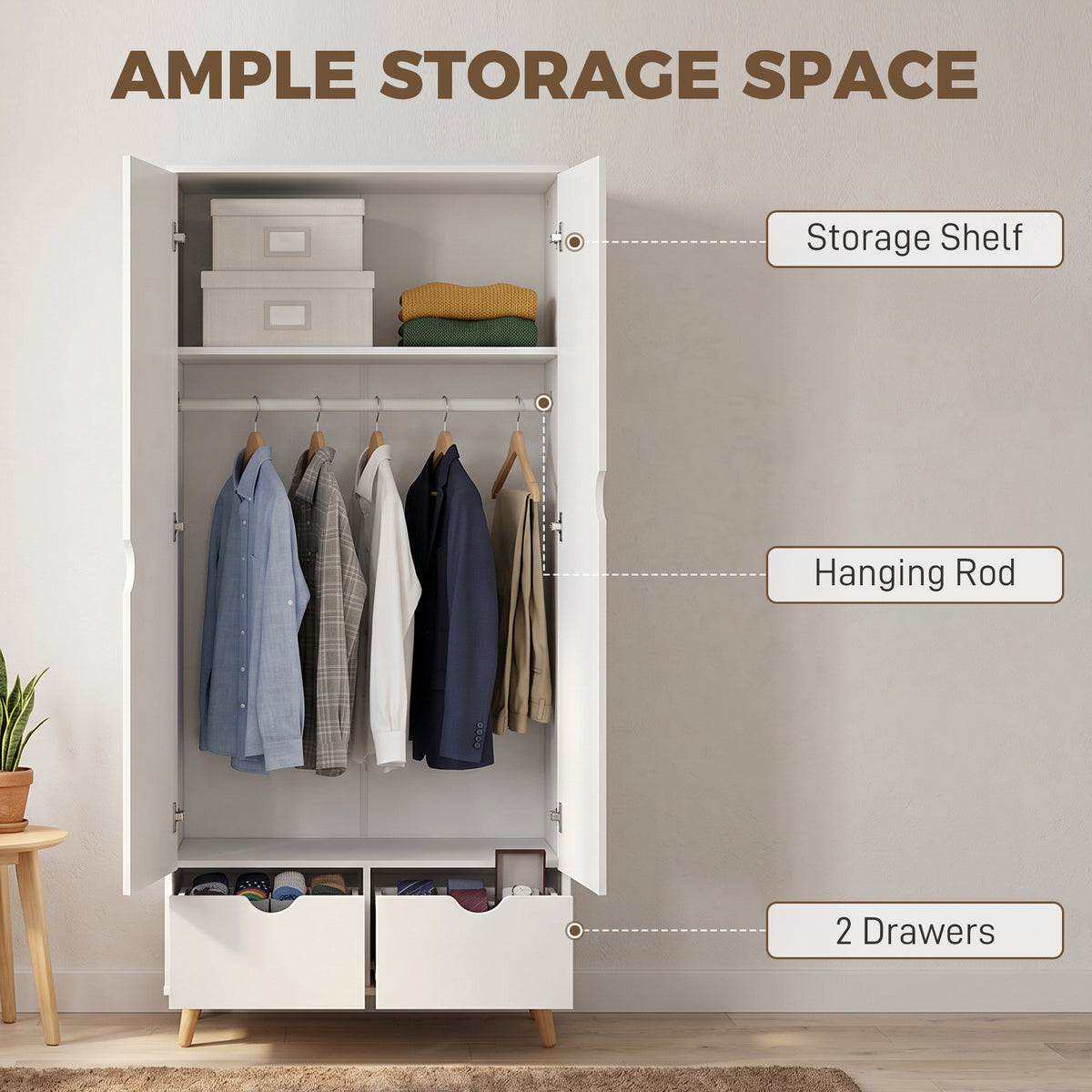 Wooden Wardrobe 180cm H x 80cm W x 40cm D With 2 Doors And 2 Drawers - Velmora
