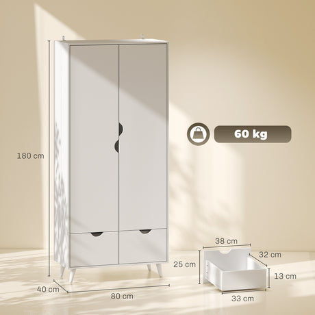 Wooden Wardrobe 180cm H x 80cm W x 40cm D With 2 Doors And 2 Drawers - Velmora
