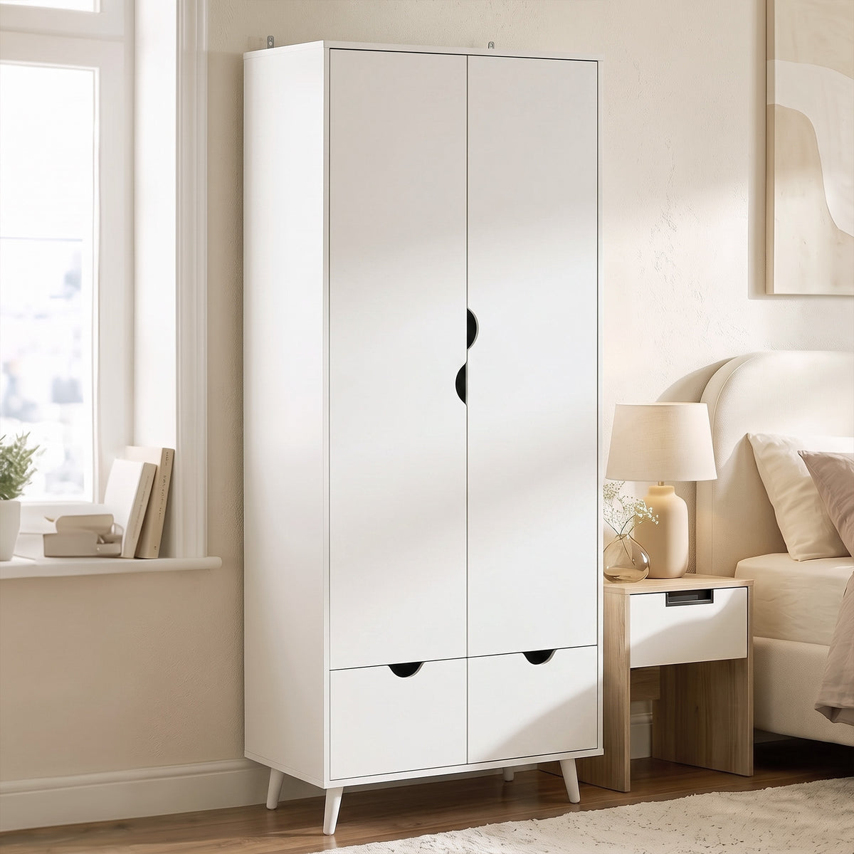 Wooden Wardrobe 180cm H x 80cm W x 40cm D With 2 Doors And 2 Drawers - Velmora