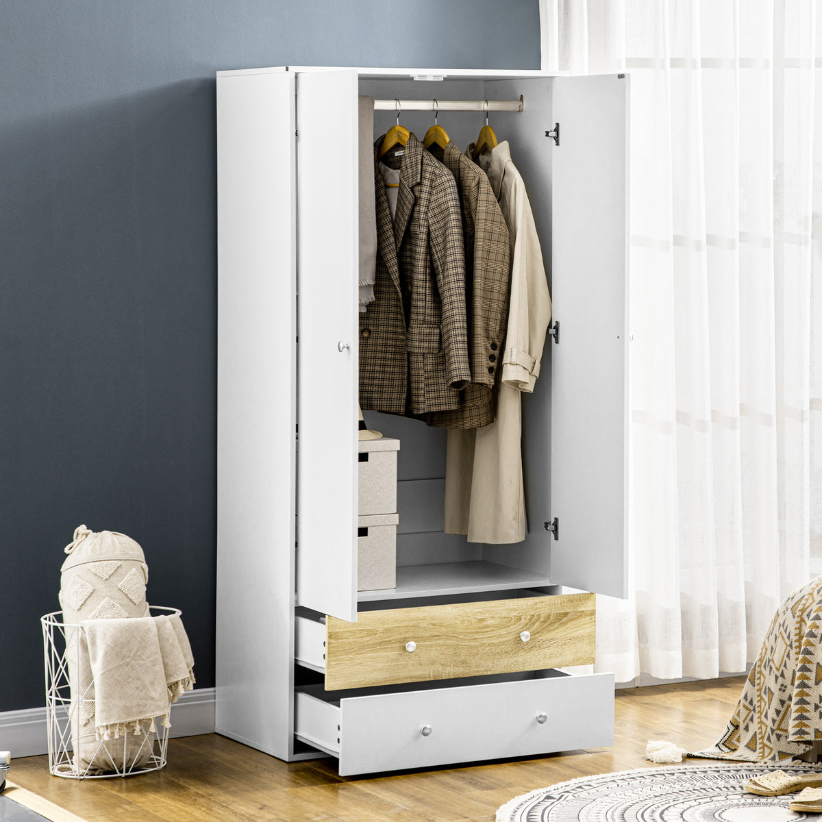 Wooden Wardrobe 180cm H x 80cm W x 50cm D With 2 Doors And 2 Drawers - Velmora