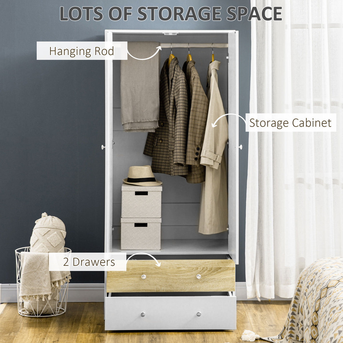 Wooden Wardrobe 180cm H x 80cm W x 50cm D With 2 Doors And 2 Drawers - Velmora