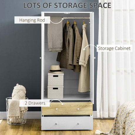 Wooden Wardrobe 180cm H x 80cm W x 50cm D With 2 Doors And 2 Drawers - Velmora