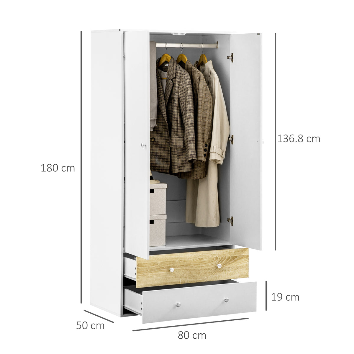 Wooden Wardrobe 180cm H x 80cm W x 50cm D With 2 Doors And 2 Drawers - Velmora