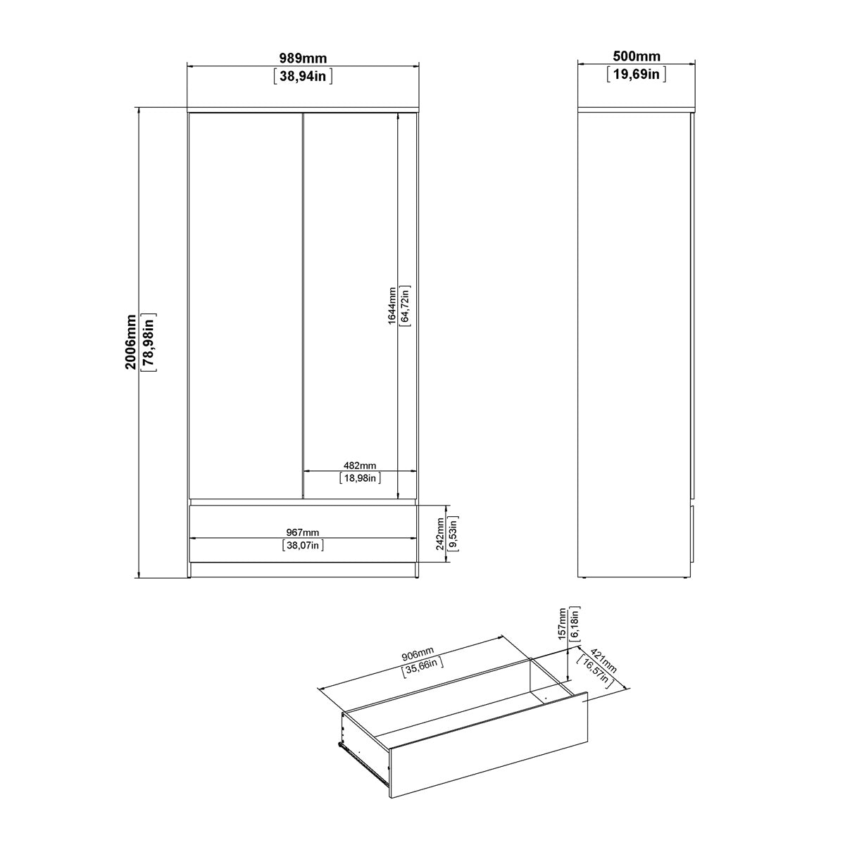 Wooden Wardrobe With 2 Doors And 1 Drawer - Naia