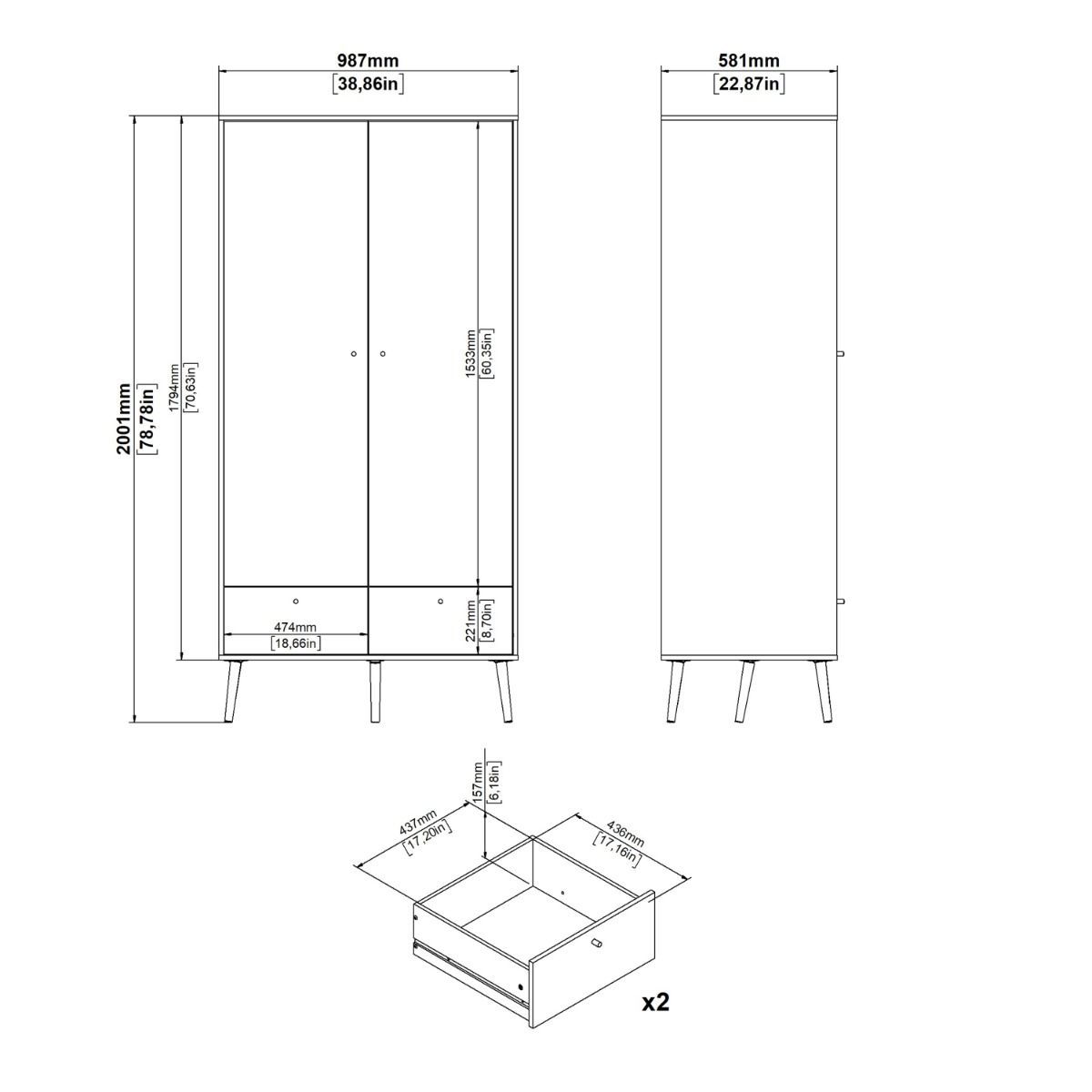 Wooden Wardrobe With 2 Doors And 2 Drawers - Cumbria