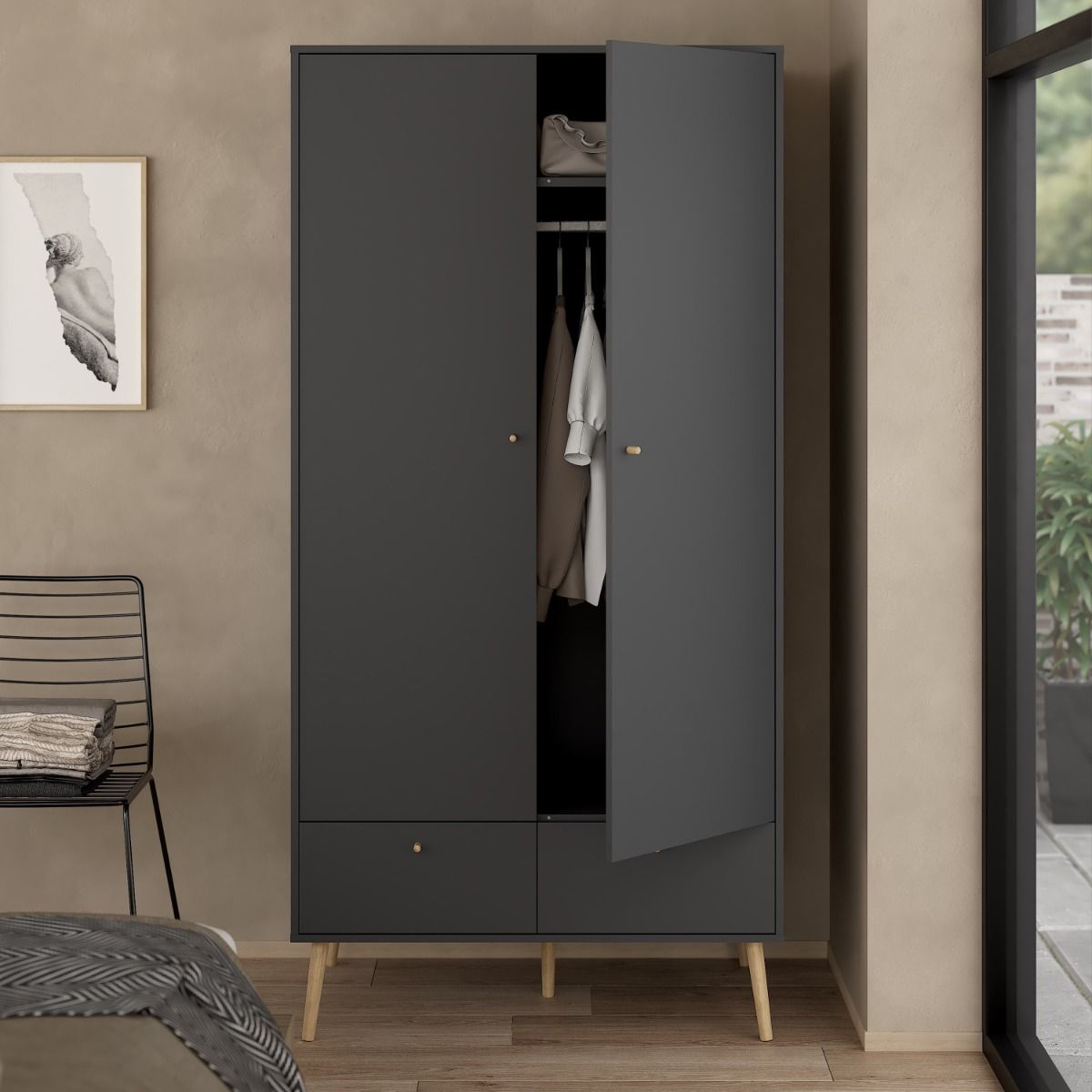 Wooden Wardrobe With 2 Doors And 2 Drawers - Cumbria