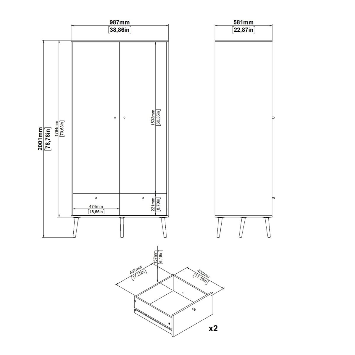 Wooden Wardrobe With 2 Doors And 2 Drawers - Cumbria