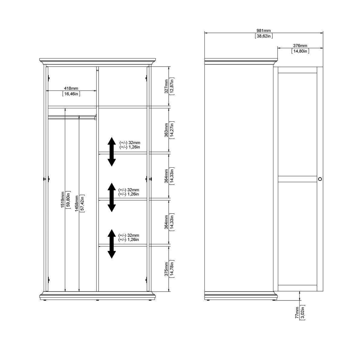 Wooden Wardrobe With 2 Doors - Paris