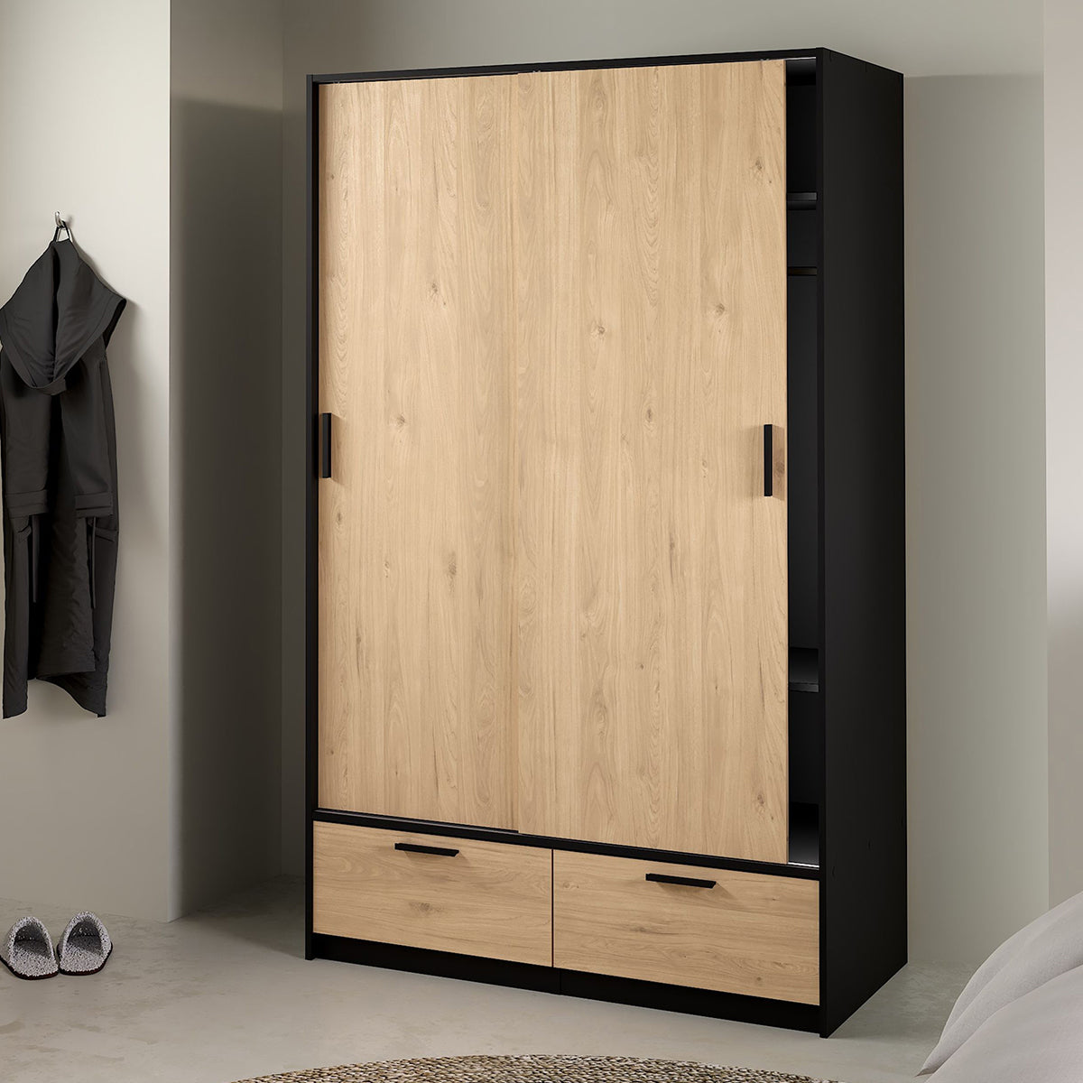 Wooden Wardrobe With 2 Sliding Doors And 2 Drawers - Line