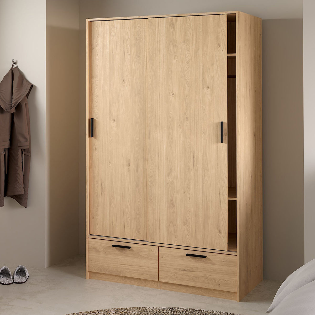Wooden Wardrobe With 2 Sliding Doors And 2 Drawers - Line