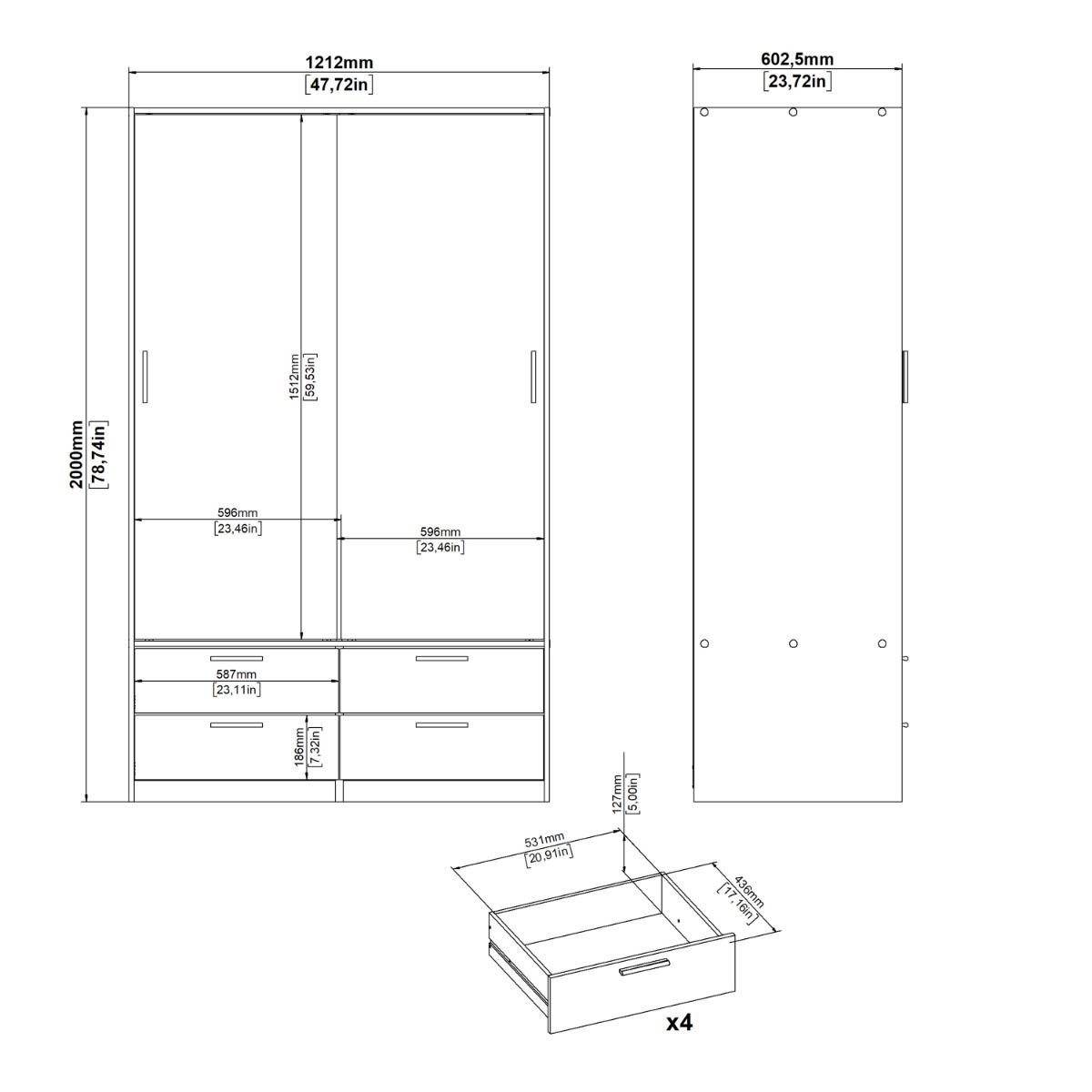 Wooden Wardrobe With 2 Sliding Doors And 4 Drawers - Line