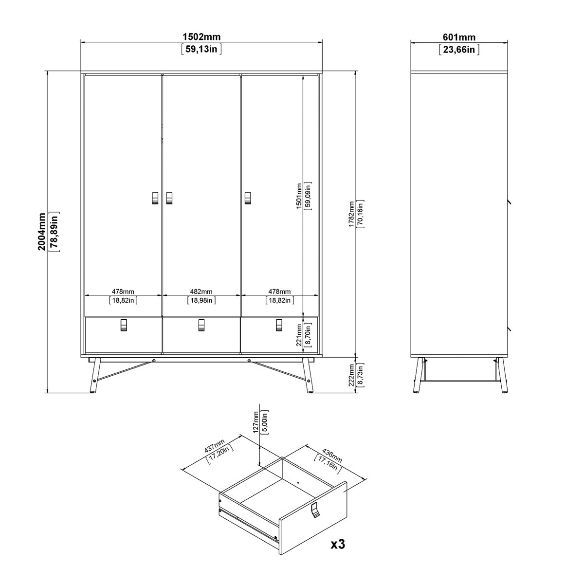 Wooden Wardrobe With 3 Doors And 3 Drawers - Ry