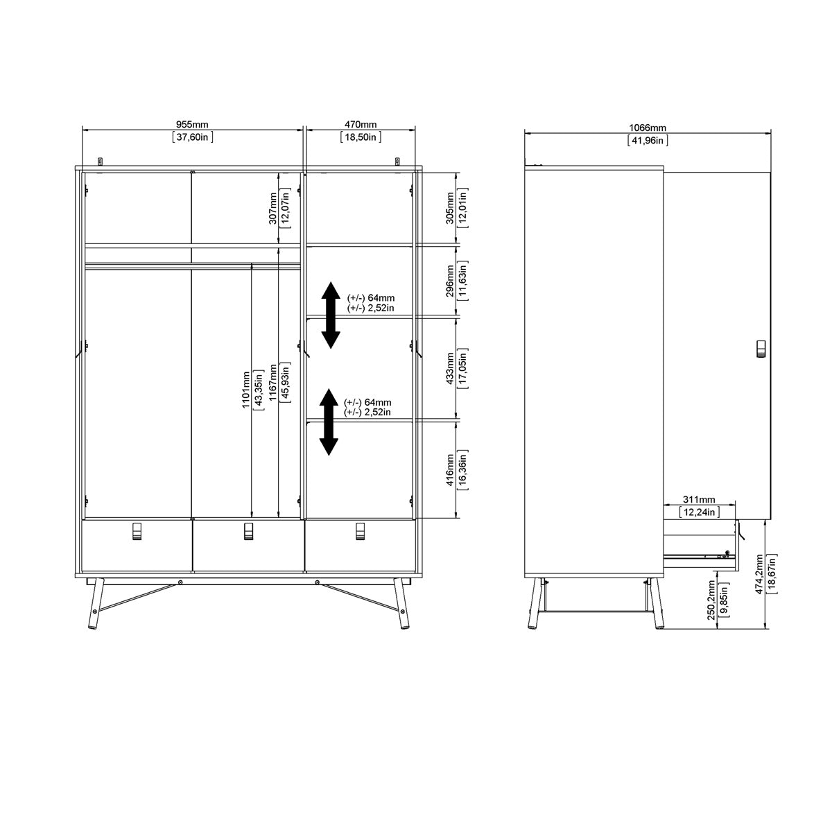 Wooden Wardrobe With 3 Doors And 3 Drawers - Ry