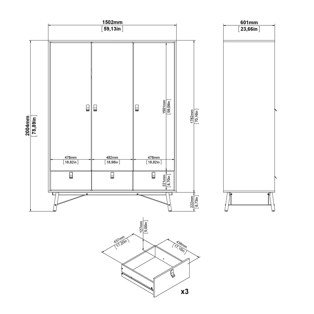 Wooden Wardrobe With 3 Doors And 3 Drawers - Ry