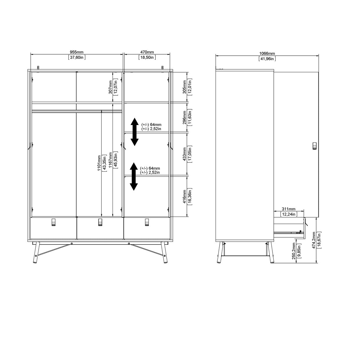 Wooden Wardrobe With 3 Doors And 3 Drawers - Ry