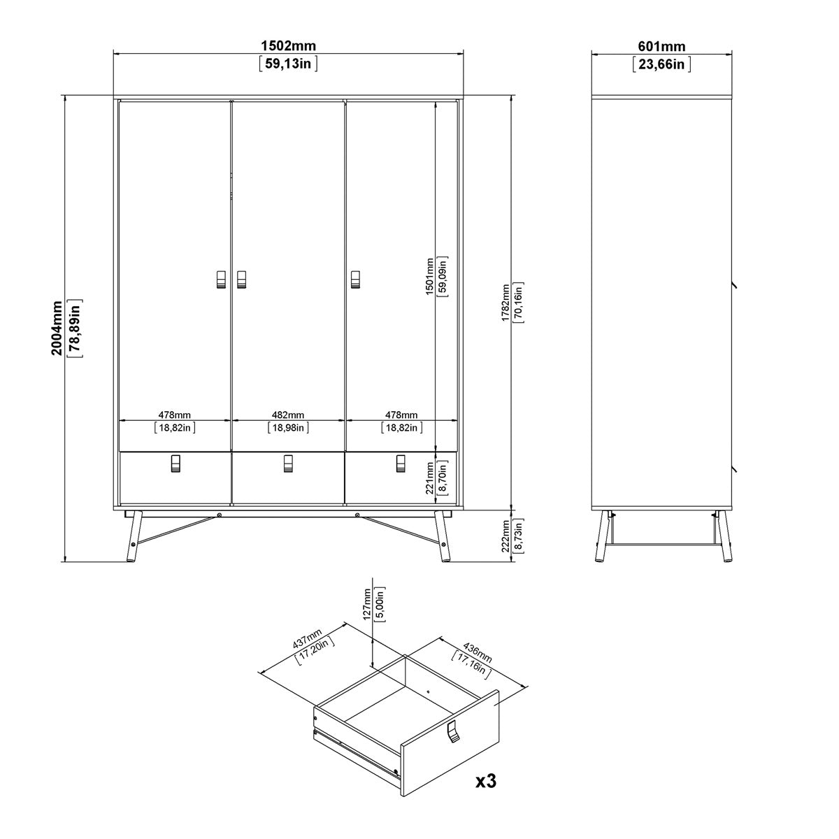 Wooden Wardrobe With 3 Doors And 3 Drawers - Ry