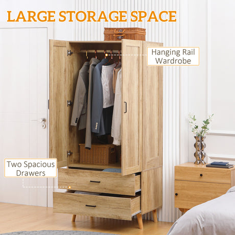 Wooden Wardrobe 80cm Wide With 2 Doors And 2 Drawers - Velmora