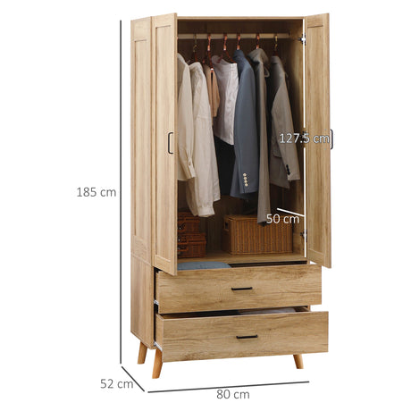 Wooden Wardrobe 80cm Wide With 2 Doors And 2 Drawers - Velmora