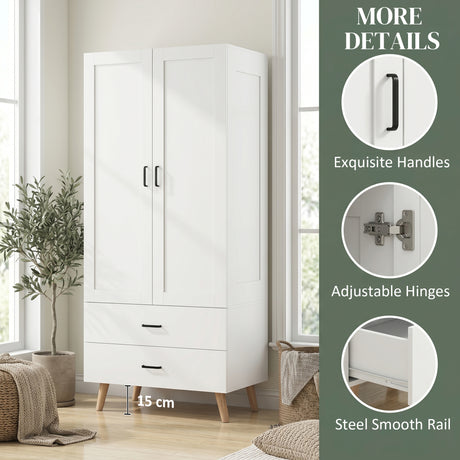 Wooden Wardrobe 80cm Wide With 2 Doors And 2 Drawers - Velmora