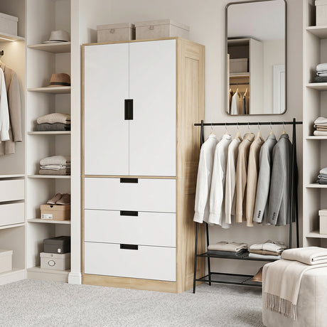 Wooden Wardrobe 80cm Wide With 2 Doors And 3 Drawers - Velmora