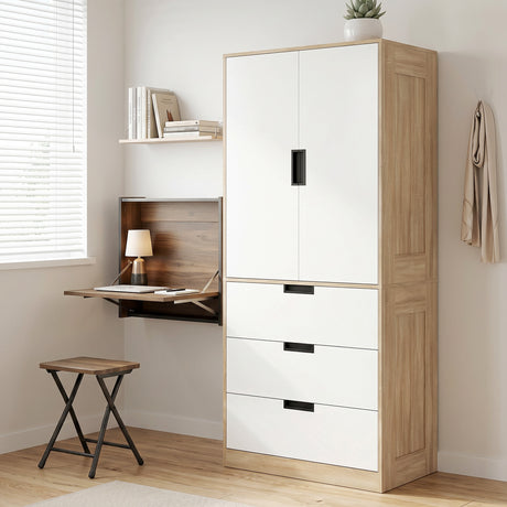 Wooden Wardrobe 80cm Wide With 2 Doors And 3 Drawers - Velmora