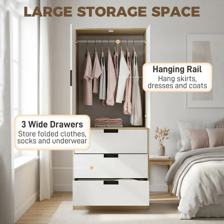 Wooden Wardrobe 80cm Wide With 2 Doors And 3 Drawers - Velmora