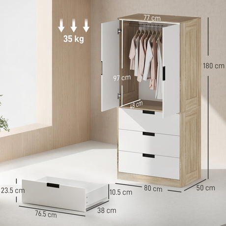 Wooden Wardrobe 80cm Wide With 2 Doors And 3 Drawers - Velmora