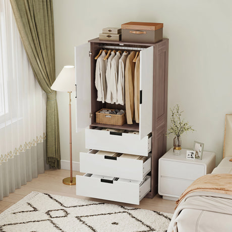 Wooden Wardrobe 80cm Wide With 2 Doors And 3 Drawers - Velmora