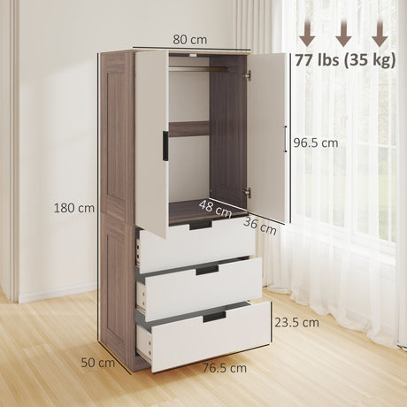 Wooden Wardrobe 80cm Wide With 2 Doors And 3 Drawers - Velmora