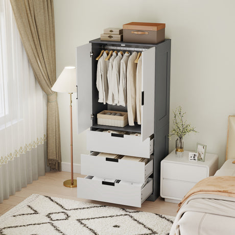 Wooden Wardrobe 80cm Wide With 2 Doors And 3 Drawers - Velmora