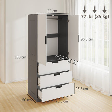 Wooden Wardrobe 80cm Wide With 2 Doors And 3 Drawers - Velmora