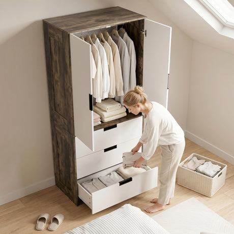 Wooden Wardrobe 80cm Wide With 2 Doors And 3 Drawers - Velmora
