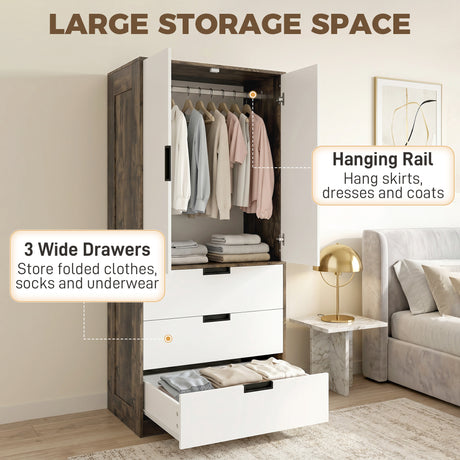 Wooden Wardrobe 80cm Wide With 2 Doors And 3 Drawers - Velmora